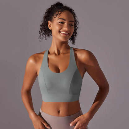 Women's Seamless Lightweight Sports Bra – Stylish Back-Breasted I-Shaped Strap, Nude Solid Color, Plus Size Running Top