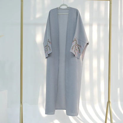 Traditional Embroidered Open-Front Abaya Coat – Turkey-Inspired Modest Maxi Dress for Muslim Women Sana
