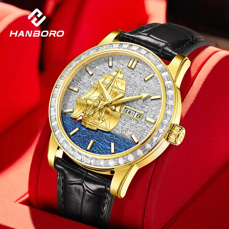 HANBORO Men’s Automatic Mechanical Watch – Smooth Sailing Series, Sailboat Design, Calendar Display Maedric