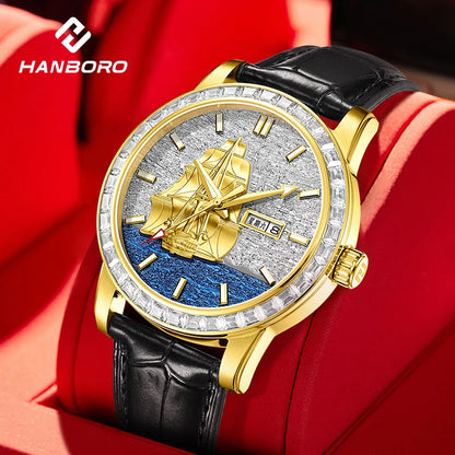 HANBORO Men’s Automatic Mechanical Watch – Smooth Sailing Series, Sailboat Design, Calendar Display Maedric