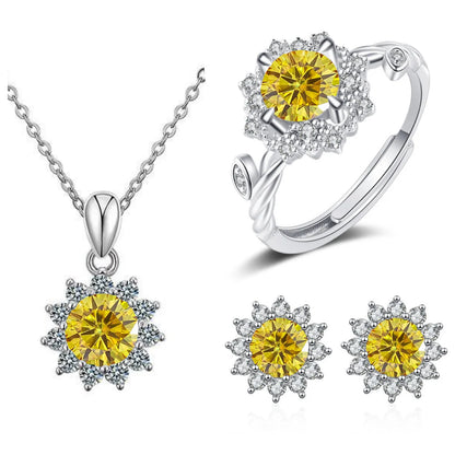 S925 Sterling Silver Stud Earrings & Pendant Set | 1 Carat Moissanite Necklace | Classic Sunflower Design | Perfect Valentine’s Day Gift Serafina