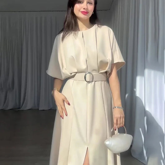 Women's Summer Slim Fit Dress – Solid Color Round Neck Short Sleeve Fashionable Casual Style Monique