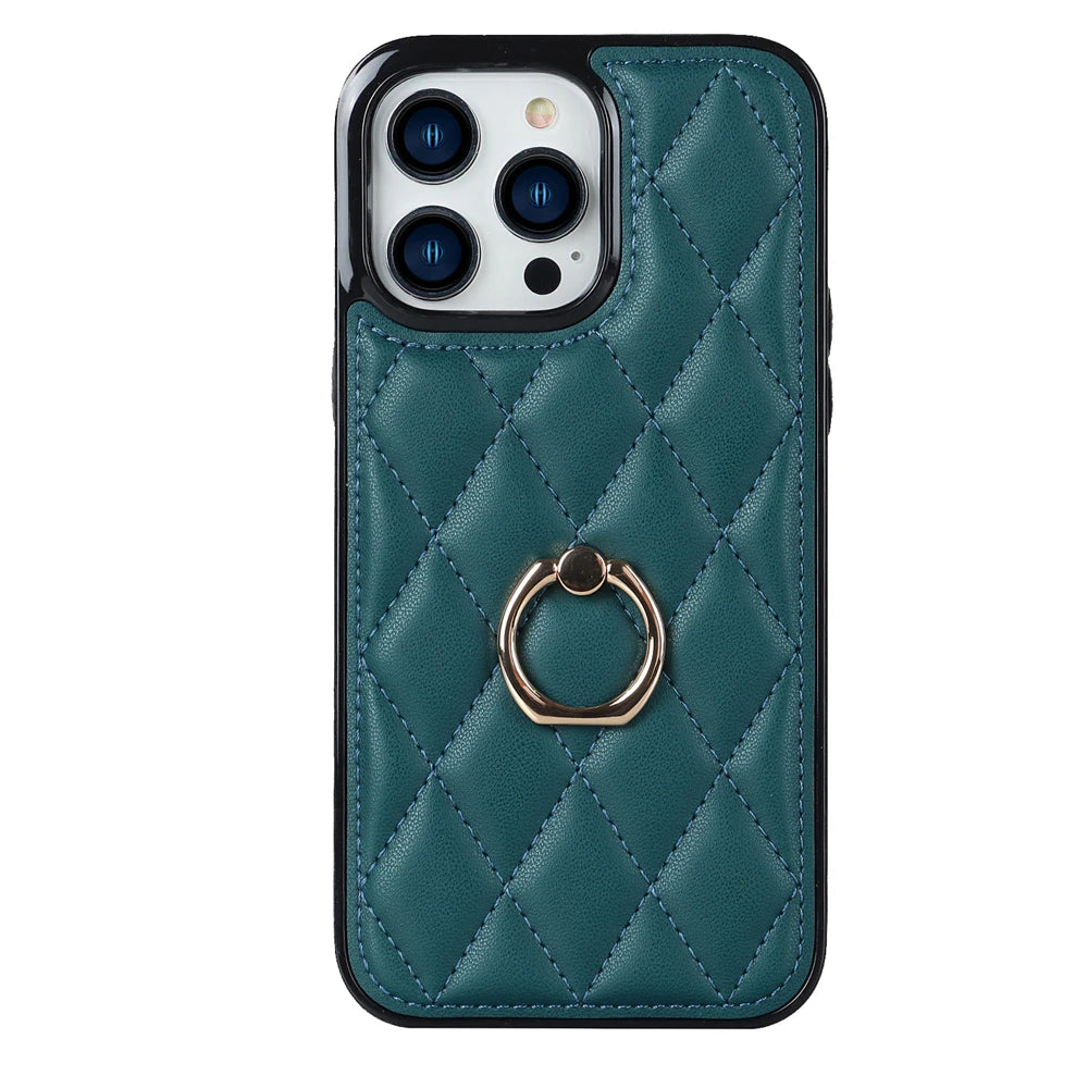 Luxury Leather Phone Case with Rotating Metal Ring | Shockproof Cover for iPhone 14, 13, 12, 11 Pro Max