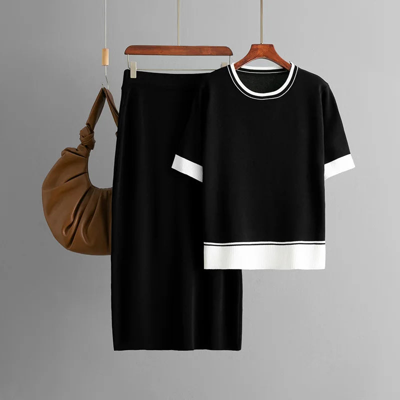 Women's Casual Two-Piece Set – Color-Block Round-Neck Short-Sleeve Knitted Top & Matching Bottom Beth