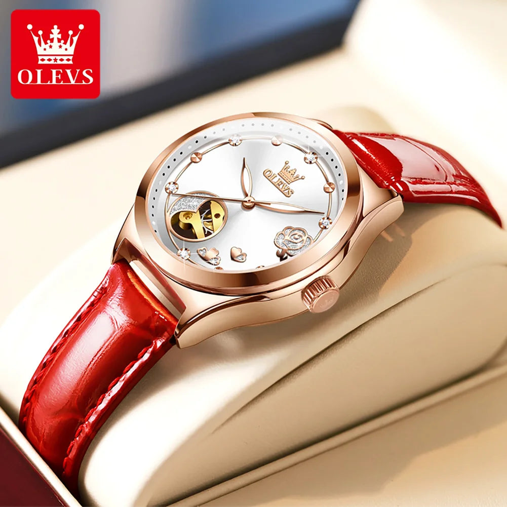 OLEVS 6601 Women's Luxury Mechanical Watch - Trendy Classic Design, Diamond Dial, Waterproof Leather Wristwatch