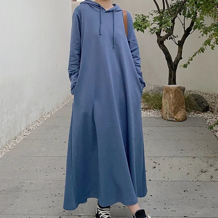 Korean Style Hooded Maxi Dress | Casual Loose Fit Solid Color Swing Dress for Autumn & Winter Candace