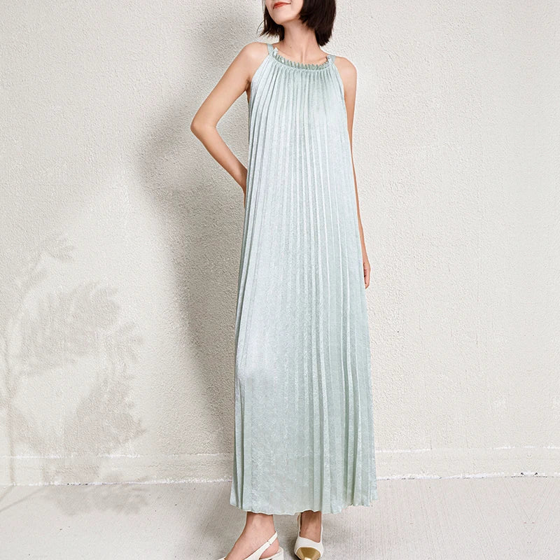 Women's Halter Neck Sleeveless Dress | Metallic Polyester Flowing Pleated Beach Tank Dress Juliette