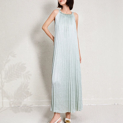 Women's Halter Neck Sleeveless Dress | Metallic Polyester Flowing Pleated Beach Tank Dress Juliette