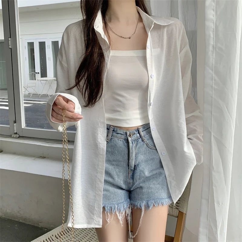 Women's Lightweight Long-Sleeve Shirt | Loose Korean-Style Single-Breasted Blouse Kara