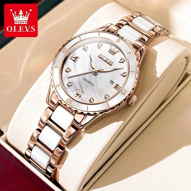 OLEVS 9985 Women’s Quartz Wristwatch – Original Brand Luxury Ceramic & Stainless Steel Waterproof Ladies Watch, Elegant Female Gift (Reloj / Montre Femme)
