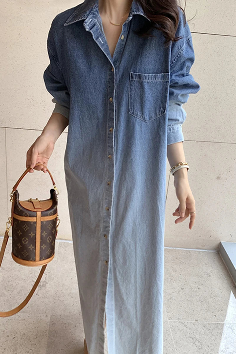 Women's French Style Denim Dress | Gradient Halo Dye, Lapel, Single-Breasted, Loose Long Sleeve Design Diane