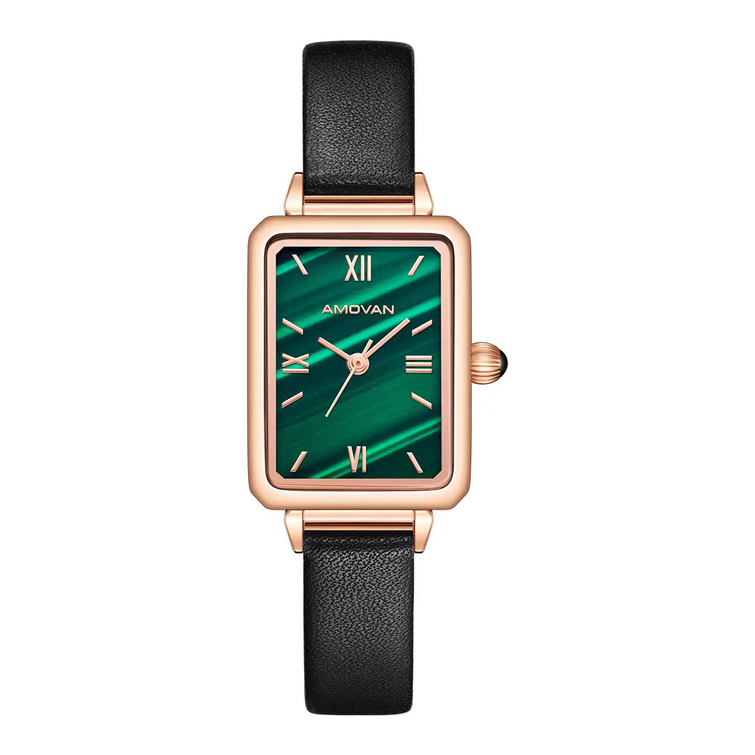 Luxury Retro Green Ladies Watch - Square Case, Minimalist Leather Strap, Seiko Movement Kate