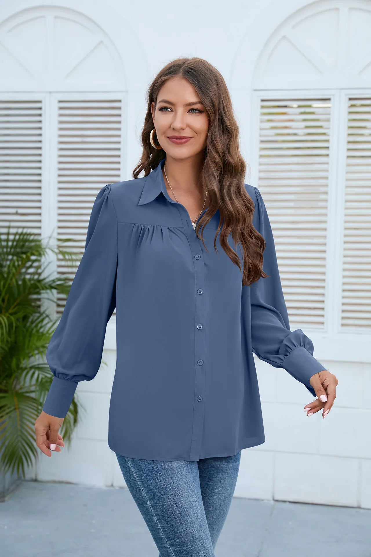 Women's Pleated Chiffon Shirt - Long-Sleeve Top Shaira
