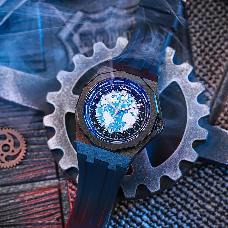 Luxury Men’s Automatic Watch – Stainless Steel Band, Waterproof Mechanical Wristwatch with Custom Earth Dial Edmund