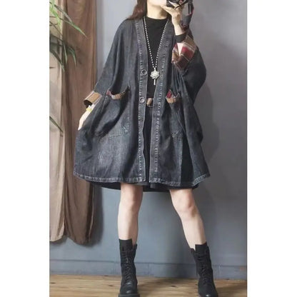 Vintage Casual Loose Denim Women's Coat with Pockets – Mid-Length V-Neck Jacket Maeve