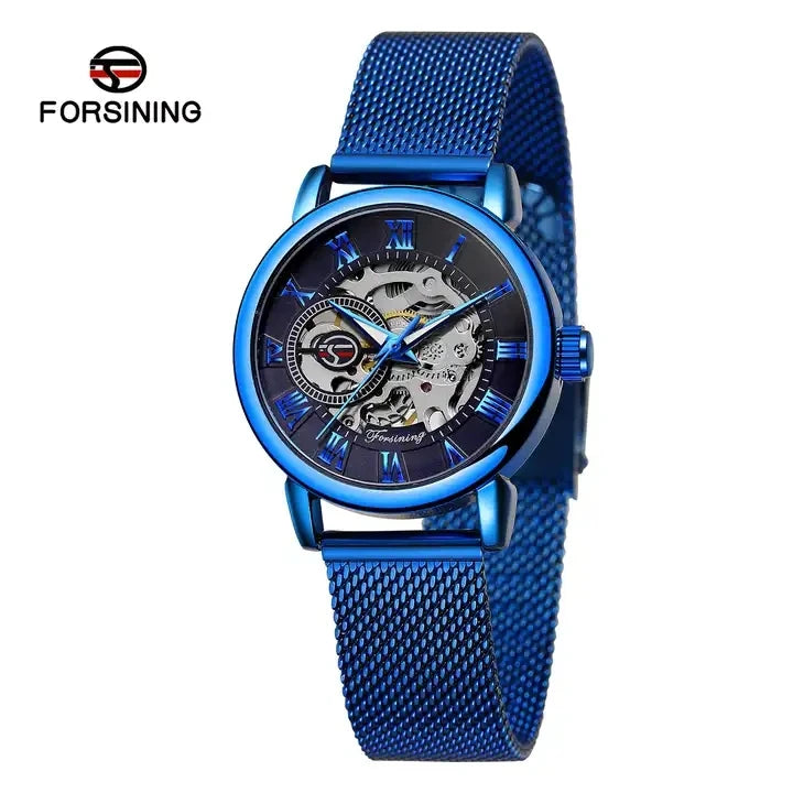 Forsining Women’s Skeleton Watch | Stainless Steel Transparent Mechanical Wristwatch – Waterproof Luxury Watch for Women