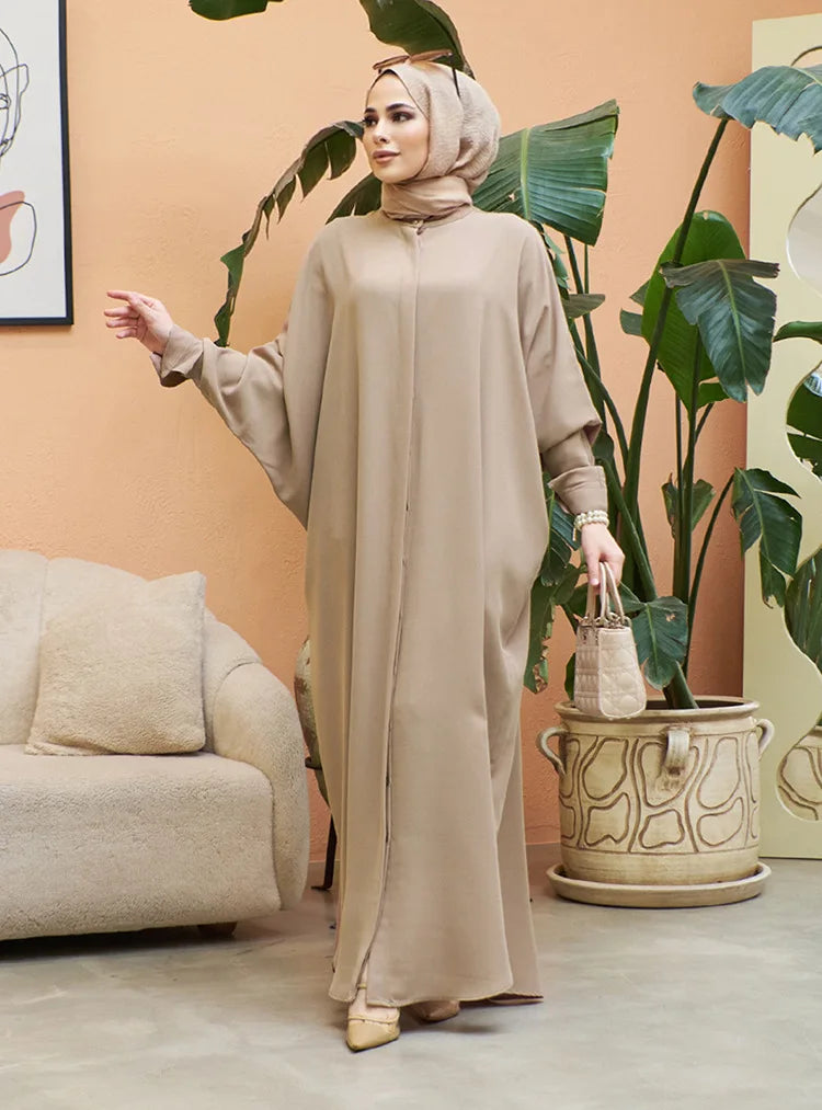 Bat Sleeve Loose-Fit Abaya – Solid Color Dubai & Turkey Style Muslim Dress | One-Size Modest Robe for Women Aleena