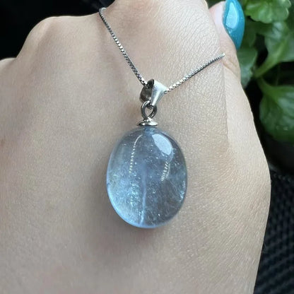 Natural Aquamarine Pendant – Oval Semi-Precious Stone Crystal Charm Jewelry with 925 Sterling Silver Buckle