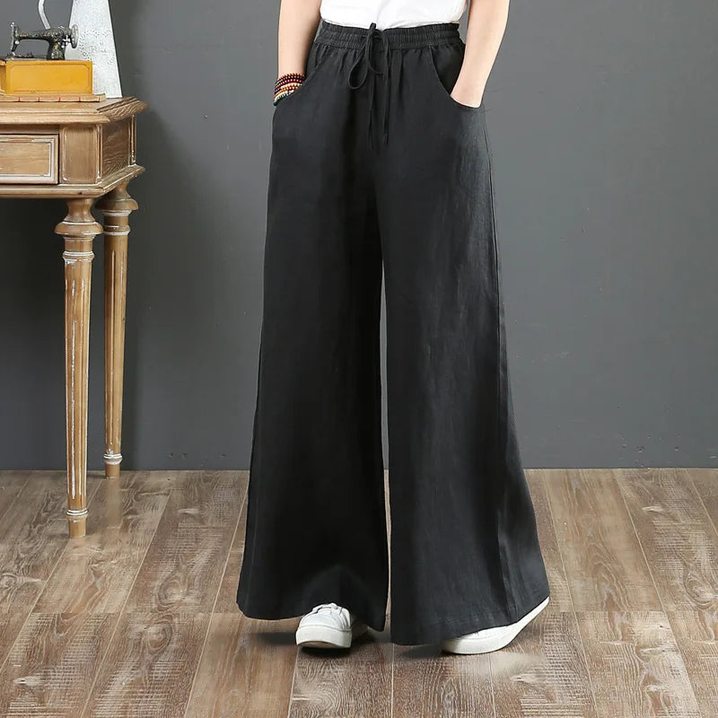 Women's Retro High-Waist Wide-Leg Cotton Linen Pants - Loose Fit, Plus Size Casual Trousers