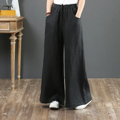 Women's Retro High-Waist Wide-Leg Cotton Linen Pants - Loose Fit, Plus Size Casual Trousers