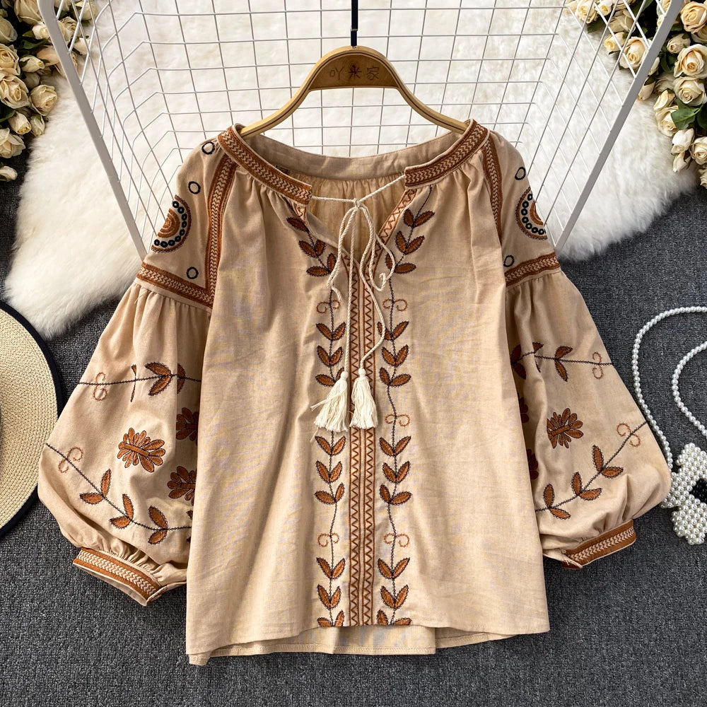 Women's Blouse Retro Ethnic Style Long Sleeve Round Neck Loose Embroidered Cotton Hemp Pullover Shirt