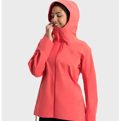 Women's Windproof Waterproof Hooded Jacket – Zip-Up High Neck Outdoor Jacket for Hiking, Climbing, and Adventure with Pockets Jackie