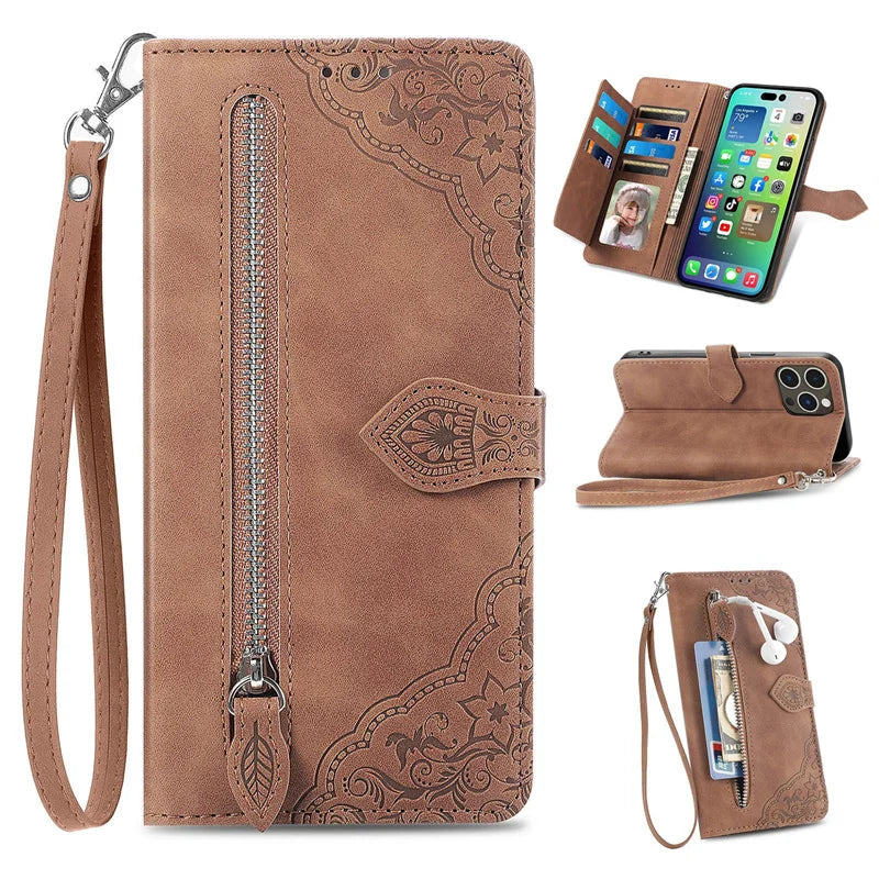 Luxury PU Leather Wallet Phone Case | Zipper Card Holder with Butterfly Flower Design & Strap for iPhone 16, 15, 14 Pro and Samsung