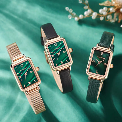 Luxury Retro Green Ladies Watch - Square Case, Minimalist Leather Strap, Seiko Movement Kate