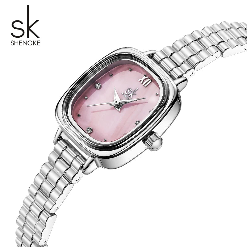Shengke Women's Luxury Pink Pearl Dial Watch – Elegant Square Case Quartz Wristwatch, Minimalist Ladies Gift for Women