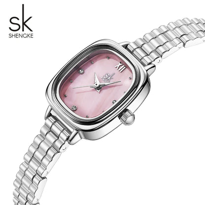 Shengke Women's Luxury Pink Pearl Dial Watch – Elegant Square Case Quartz Wristwatch, Minimalist Ladies Gift for Women