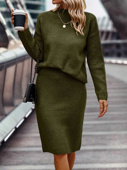 Women's Elegant 2-Piece Knitted Skirt Suit - Loose Fit Split Design with Casual Print for Autumn, Spring, and Winter Fidelia