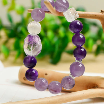 Natural Clear Quartz & Amethyst Crystal Beaded Bracelet (12mm) – Elegant Spiritual Jewelry for Mental Clarity & Intuition Enhancement