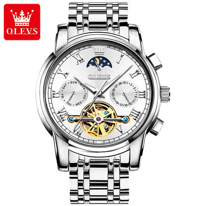 OLEVS 6617 Men's Tourbillon Watch - Classic Business Style, Stainless Steel Band, Skeleton Dial, Automatic Mechanical Wristwatch