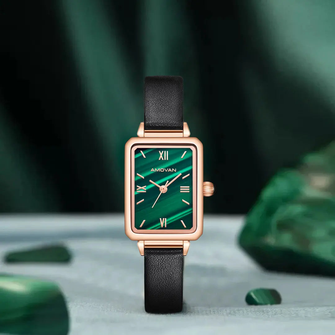 Luxury Retro Green Ladies Watch - Square Case, Minimalist Leather Strap, Seiko Movement Kate
