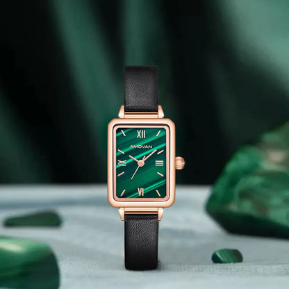 Luxury Retro Green Ladies Watch - Square Case, Minimalist Leather Strap, Seiko Movement Kate