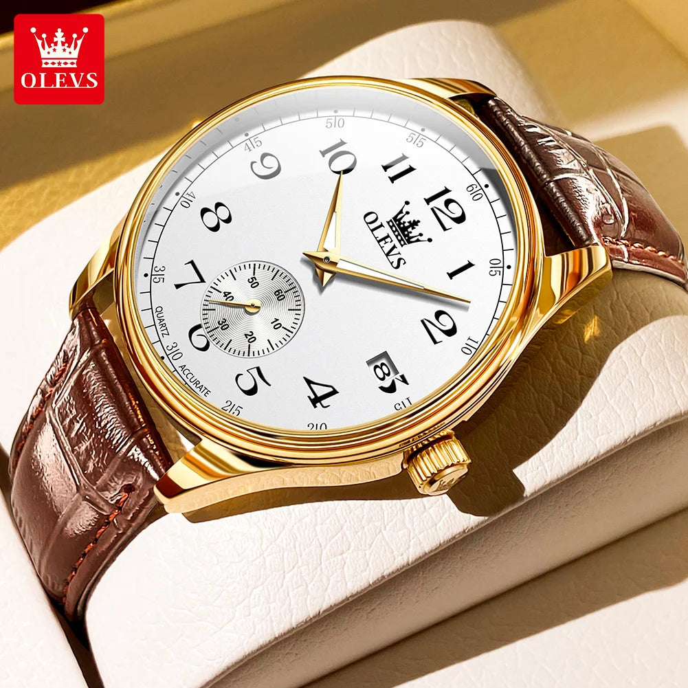 OLEVS 3622 Men's Quartz Watch – Genuine Leather Strap, Luminous Dial, and Date Display Xavier