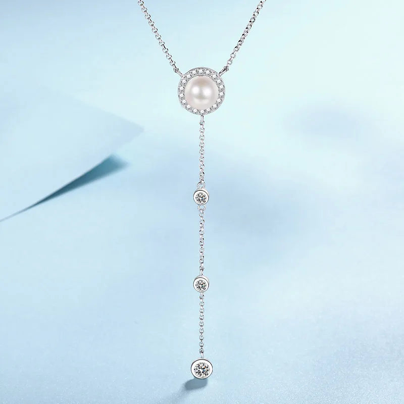S925 Silver 0.5ct Moissanite & Freshwater Pearl Tassel Necklace | Korean Style Luxury Jewelry | Simple, Elegant Design for Parties & Special Occasions Agathe