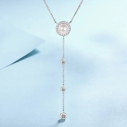 S925 Silver 0.5ct Moissanite & Freshwater Pearl Tassel Necklace | Korean Style Luxury Jewelry | Simple, Elegant Design for Parties & Special Occasions Agathe