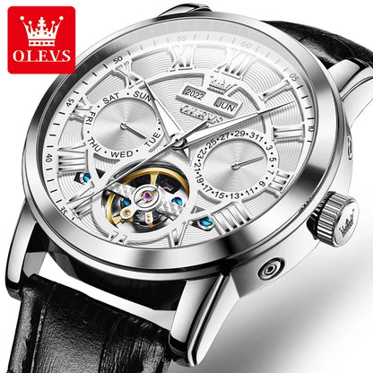 OLEVS 6668 Men's Mechanical Watch - Luxury Business Wristwatch with Genuine Leather Band, Waterproof and Luminous Design