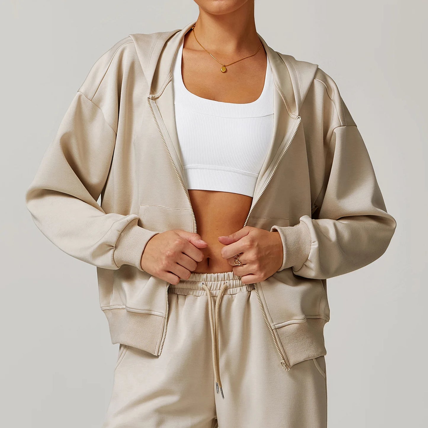 Women's Rayon Cotton Cropped Zip-Up Hoodie – High-Quality Plain Long Sleeve Vintage Sport Style Elis