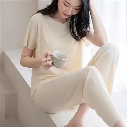 Women's Summer Casual Two-Piece Set – Solid Color Short Sleeve T-Shirt and Wide-Leg Trousers