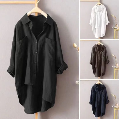 Women Long Sleeve Cotton Linen Loose Shirts Lapel Collar Pockets Solid Color Single Breasted Button Blouse