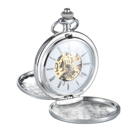 Blank Silver Smooth Double Full Hunter Case Pocket Watch – Steampunk Skeleton Dial Mechanical Watch with Chain Arnaud