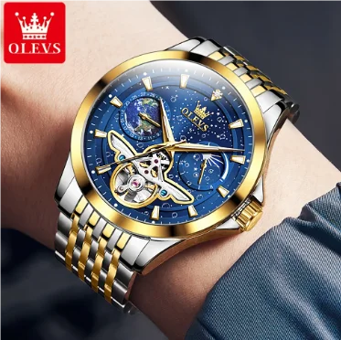 OLEVS 6705 Men's Automatic Watch – Luminous Waterproof Timepiece with Starry Sky Dial & Moon Phase Design