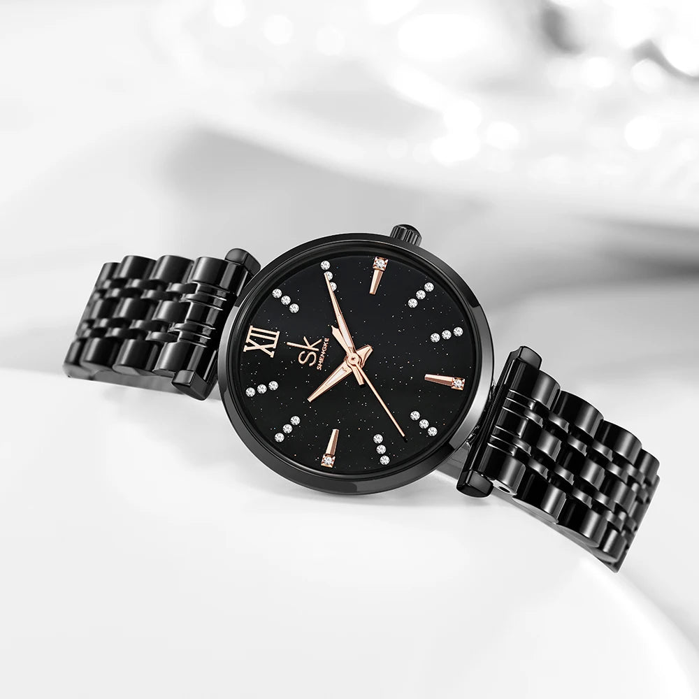 Shengke Women’s Stainless Steel Watch – Black Waterproof Quartz Wristwatch for Easy Matching Prudence