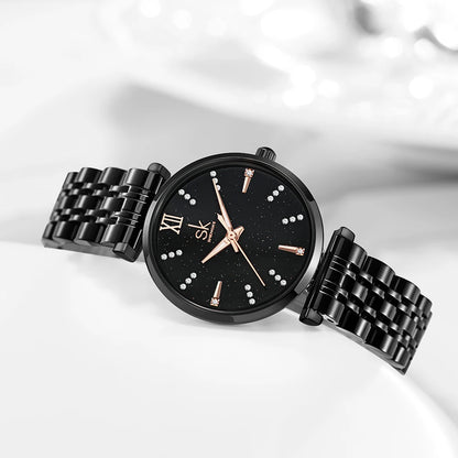 Shengke Women’s Stainless Steel Watch – Black Waterproof Quartz Wristwatch for Easy Matching Prudence