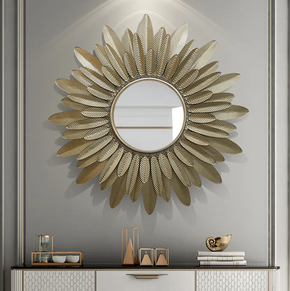 Large Gold Metal Frame Wall Art Mirror – Modern Feather Design Decorative Mirror for Living Room
