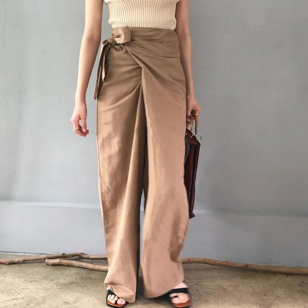 Women's Casual High-Waist Lace-Up Wide-Leg Pants - Solid Color, Loose Fit