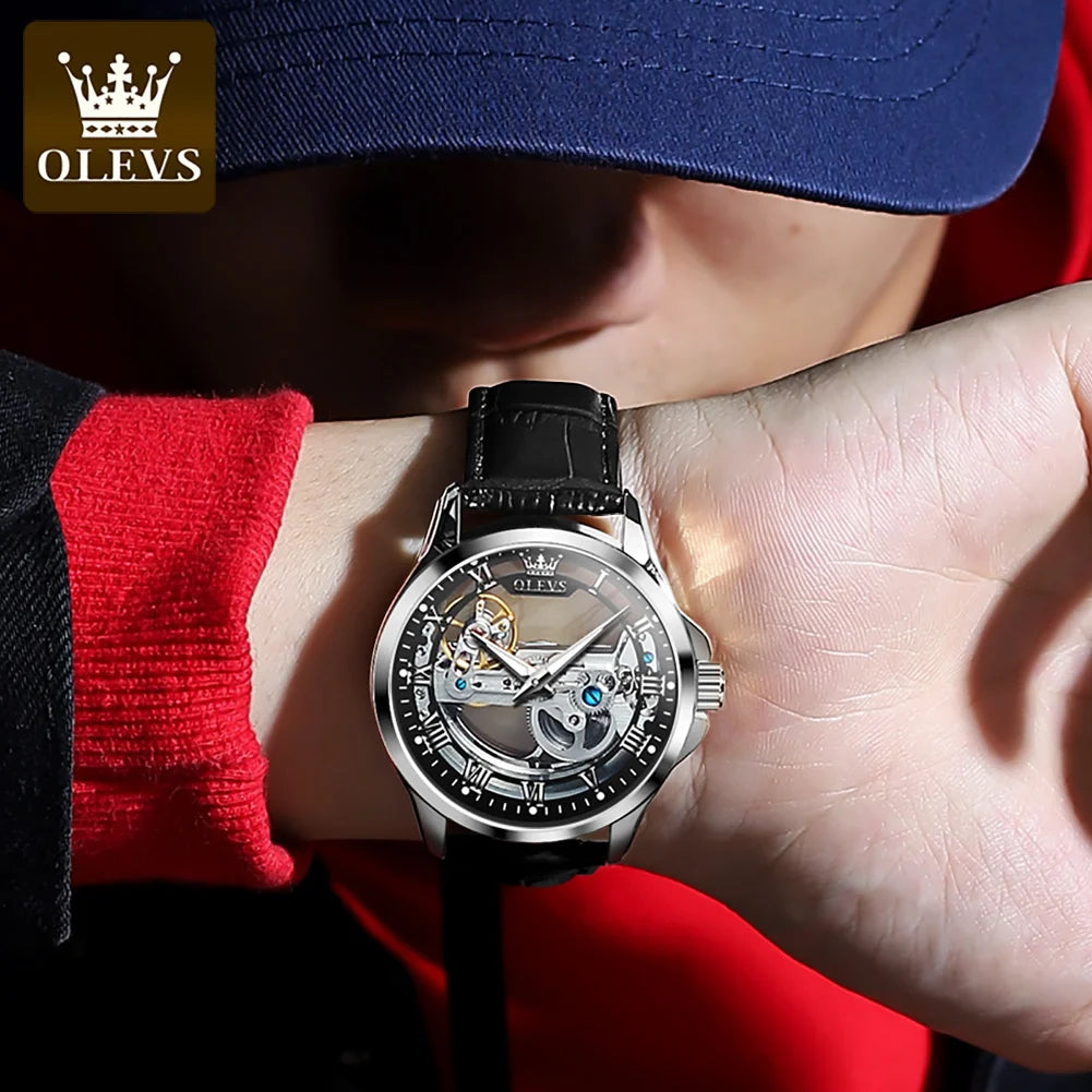 OLEVS 6661 Men's Mechanical Watch – New Design, Skeleton Dial, Real Leather Band, Waterproof, Transparent Mirror Wristwatch