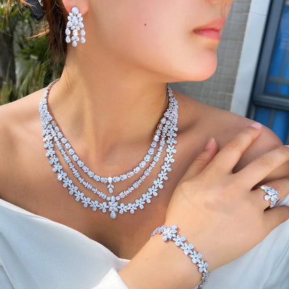 4pcs Luxury Triple-Layered Flower Jewelry Set – Necklace, Earrings & Tassel | Big Middle East Bridal Wedding Jewelry for Women Édith-Marie